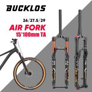 BUCKLOS 자전거 에어 서스펜션 포크 15mm TA 26/27.5/29인치 MTB 스트레이트/테이퍼드 튜브 수동 산악 부품