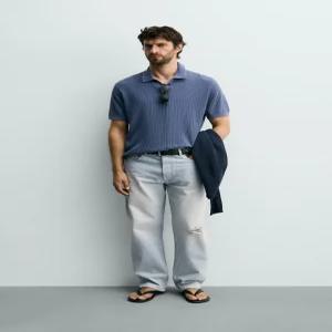ZARA 레귤러핏 스트럭처 니트 폴로셔츠 - 하늘색 2142/435/411