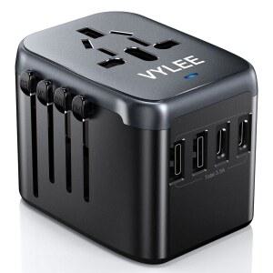 VYLEE 유니버설 여행용 어댑터 5-IN-1 국제 전원 어댑터 | 3.5A 2XUSB-A 및 2XUSB-C 포트 유럽 미국 영국 호주 전역 플러그 여행 필수품 (블랙/그레이)