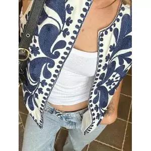 여름 가을 여성 패션 조끼 꽃 자수 가디건 빈티지 브이넥 짧은 캐주얼 우아한 탑