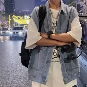 우아창고청 베스트 레이어드 오버핏 조끼 남자 연청 블랙 데님