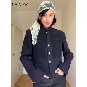 빈티지 여성용 숄더 패드 나폴레옹 재킷 스탠드 칼라 싱글 브레스티드 크롭 코트 2026 봄 스트리트 블랙