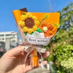 해바라기 크로 셰 뜨개질 꽃다발 미니 인공 꽃 수제 니트 웨딩 생일 선물 룸 장식 할로윈