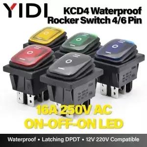 KCD4-203 방수 로커 스위치 4 6 핀 래칭 16A 250VAC DPDT ON OFF 12V 220V 빨간색 녹색 LED 조명 버튼