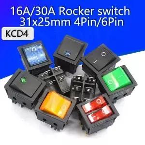 KCD4 로커 스위치 선박 유형 전원 버튼 4/6PIN 빨간색 표시등 녹색 31x25mm16A/30A 250v ON-OFF/ON-OFF-ON