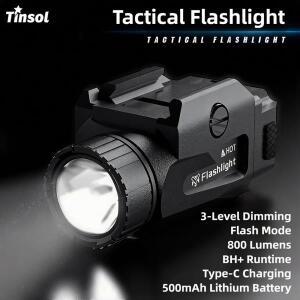 TINSOL 800LM 파워 전술 라이트 4가지 모드 USB 충전식 퀵 릴리즈 핸드건 야외 사격 피카티니 레일 마운트