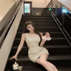 트위드셋업 여성셋업세트 여름 하객 정장세트 미니스커트 결혼식 크롭자켓 스퀘어넥