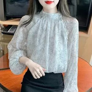 여성 남방 가을 쉬폰 퍼프소매 프린트 빅사이즈 심플 루즈핏 캐주얼 긴팔 미디 상의