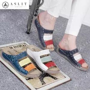 삼색 컬러 배색 펀칭 웨지 발 편한 슬리퍼 뮬