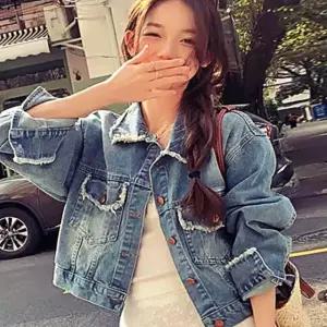 자켓 항공 디스트로이드 청 차이나카라 여성 잠바 데님 YWFGNZ2H