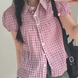 여성 체크 퍼프 셔츠 셔링 카라 반팔 블라우스 봄 여름 루즈핏 남방 학생 데일리