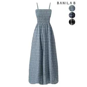[하프클럽/바닐라비]데일리 끈나시 스모킹 체크 롱원피스