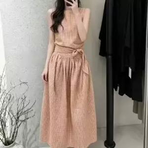 [아리엘스타일]체크패턴 리본포인트 썸머원피스 피치랑원피스