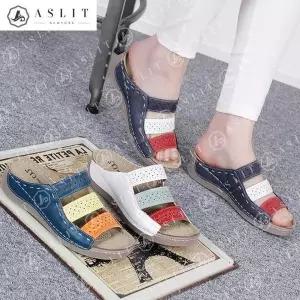[애슬릿] 삼색 컬러 배색 펀칭 웨지 발 편한 슬리퍼 뮬 (15587876A)