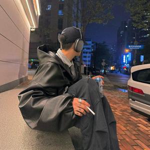 EAMT 남성 오토바이 가죽 자켓 가을 거리 짧은 PU가죽 의류 복고풍 실루엣 후드 YJ