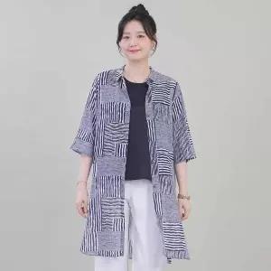 애비뉴투지 엄마옷 체크 패치 프린트 셔츠 카라 여성 여름 칠부 롱 남방 가디건 J0