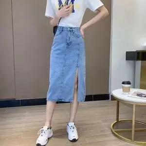 [하프클럽/골피아]청롱 데님 스커트 워싱 앞트임 롱데님 청치마 롱스커트