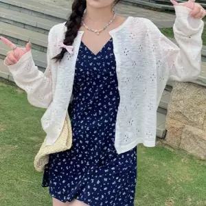 휴양지 사무실 여름 여자 봄 여성봄 얇은 니트 크림 펀칭 가디건 긴팔 썸머 여성 예쁜