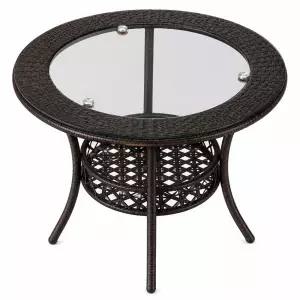 라탄 짜임 유리 상판 원형 티테이블 60x50cm 조립식