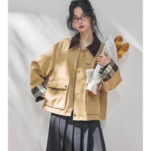 쉬헐크 여성 봄 뉴고지 코듀로이 체크 숏 카고 점퍼 트렌치코트