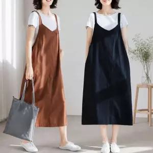 친절한탄씨 어스톤 핀턱 코튼 린넨 혼방 뷔스티에 롱 원피스 퍼프 조끼 원피스 드레스 롱원피스