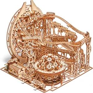 우드 트릭 전기 모터 구동 나무 구슬 굴리기 - 성인이 조립하는 3D 퍼즐 15x14인치 롤러코스터 모델 키트