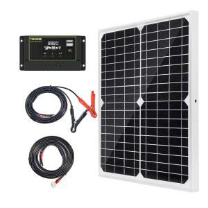 TOPSOLAR 20W 12V 단결정 태양광 패널 키트 10A 충전 컨트롤러 및 배터리 클립이 포함된 연장 케이블 RV 해양 보트 오프그리드 시스템용 O-링 단자 포함