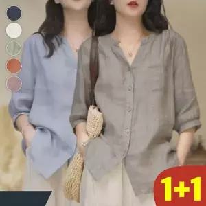 90kg까지 1+1 빅사이즈 여성 모시셔츠 솔리드 브이넥 5부 셔츠 블라우스 여름 편한 심플 고급 코디 베이직