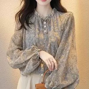 여성 남방 가을 라운드 쉬폰 퍼프소매 플라워 빅사이즈 심플 루즈핏 캐주얼 긴팔 미디 상의