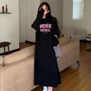 빠른배송 기모티 기모맨투맨 기모레터링맨투맨롱원피스 기모롱원피스 블랙 기모원피스 롱원피스 서치B