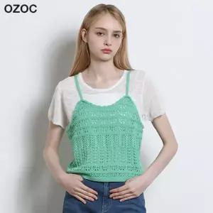 [오조크(OZOC)] 크롭 크로셰 뷔스티에 반팔 세트 (택가격 114000원)