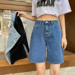 5부 데님 청 반바지 여름 하이웨스트 외이드 팬츠