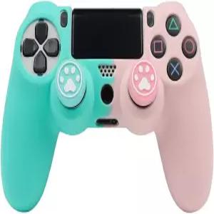 RALAN 핑크 컨트롤러 스킨 PS4용 실리콘 커버 보호기 호환 슬림/PS4 프로 귀여운 엄지 그립 캡 2개 포함