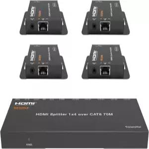 KEQINX 1x4 HDMI 익스텐더 스플리터 4K Over Cat6 70m/230ft POC 4개 수신기 포함 IR 컨트롤 EDID Ethernet