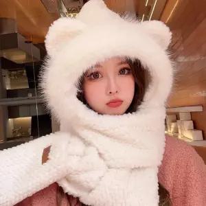 후드 밍키 모자 목도리 장갑 일체형 기모 따뜻한 여성 털 겨울 부드러운