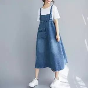 롱데님원피스 등조임 루즈핏 롱멜빵청원피스 F42595