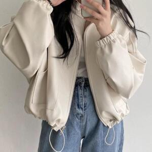 여성 가을 멋스러운 차이나 지퍼 빅포켓 스트링 라이더 가죽 코트