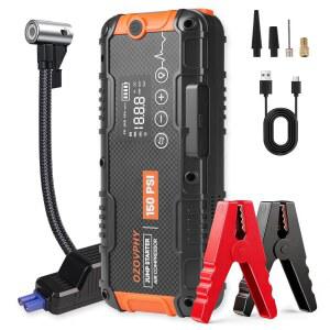 자동차 배터리 점프 스타터, 6000A 휴대용 스타터 및 에어 150 PSI 타이어 인플레이터 12V 박스 600LM LED 라이트 최대 10.0L 가솔린 8.0L