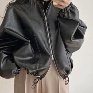 여성 가을 멋스러운 차이나 지퍼 빅포켓 스트링 라이더 가죽 코트