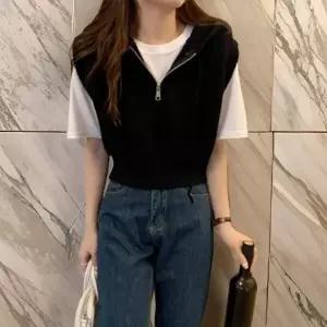 [옷자락]여자 드롭숄더 골지 니트 후드집업 간절기 조끼