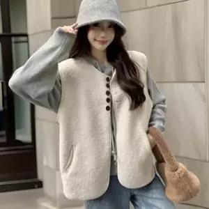 [옷자락]여성 동글단추 흰색 양털조끼 후리스 베스트