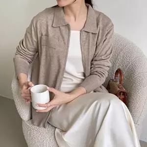 [옷자락]여자 봄니트 카라넥 루즈핏 등원룩 심플 집업 가디건