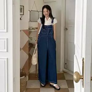 [옷자락]여성 보이핏 데님 스티치 멜빵 오버롤 와이드 팬츠