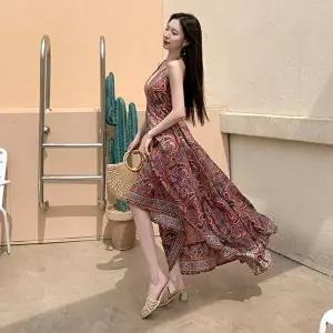 [옷자락]여성 쉬폰 언발 플레어 롱 바캉스 나시 원피스