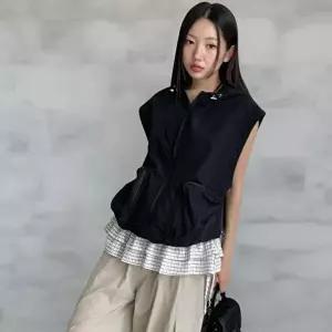 [옷자락]여성 캐주얼 오버핏 사이드포켓 스트링 후드 조끼