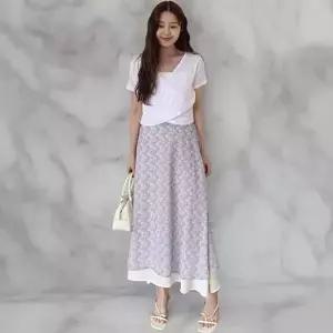 [옷자락]여성 러블리 쉬폰 플라워 패턴 레이어드 A라인 롱 스커트