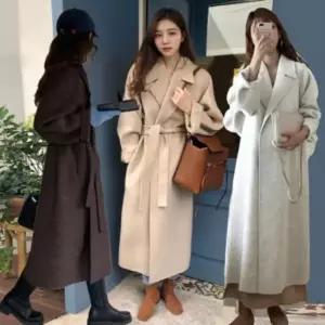 겨울 카라 클래식코트 스트랩 허리 모직 클래식 롱 여성 코트 가을