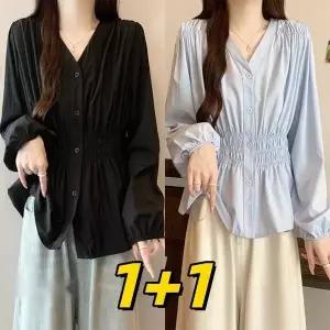 1+1 빅사이즈 여성 허리조임 허리셔링 셔츠 플레어 긴팔 블라우스 봄 가을 루즈핏 브이넥 단추 허리 밴딩