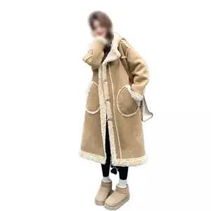 여성 카라넥 무스탕 자켓 떡볶이 후드 여성용 겨울 롱 간절기 가을 두꺼운 코트 싱글 카키