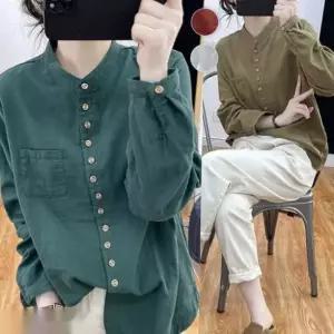 85kg까지 빅사이즈 여성 차이나 순면 빈티지 단추 셔츠 봄 가을 편한 사계절 가벼운 심플 캐주얼 단아한 고